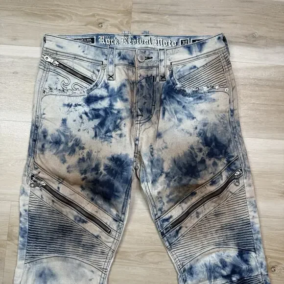 Rock Revival Moto Men's Daviday Jeans Acid Wash Blue - Size 30x32